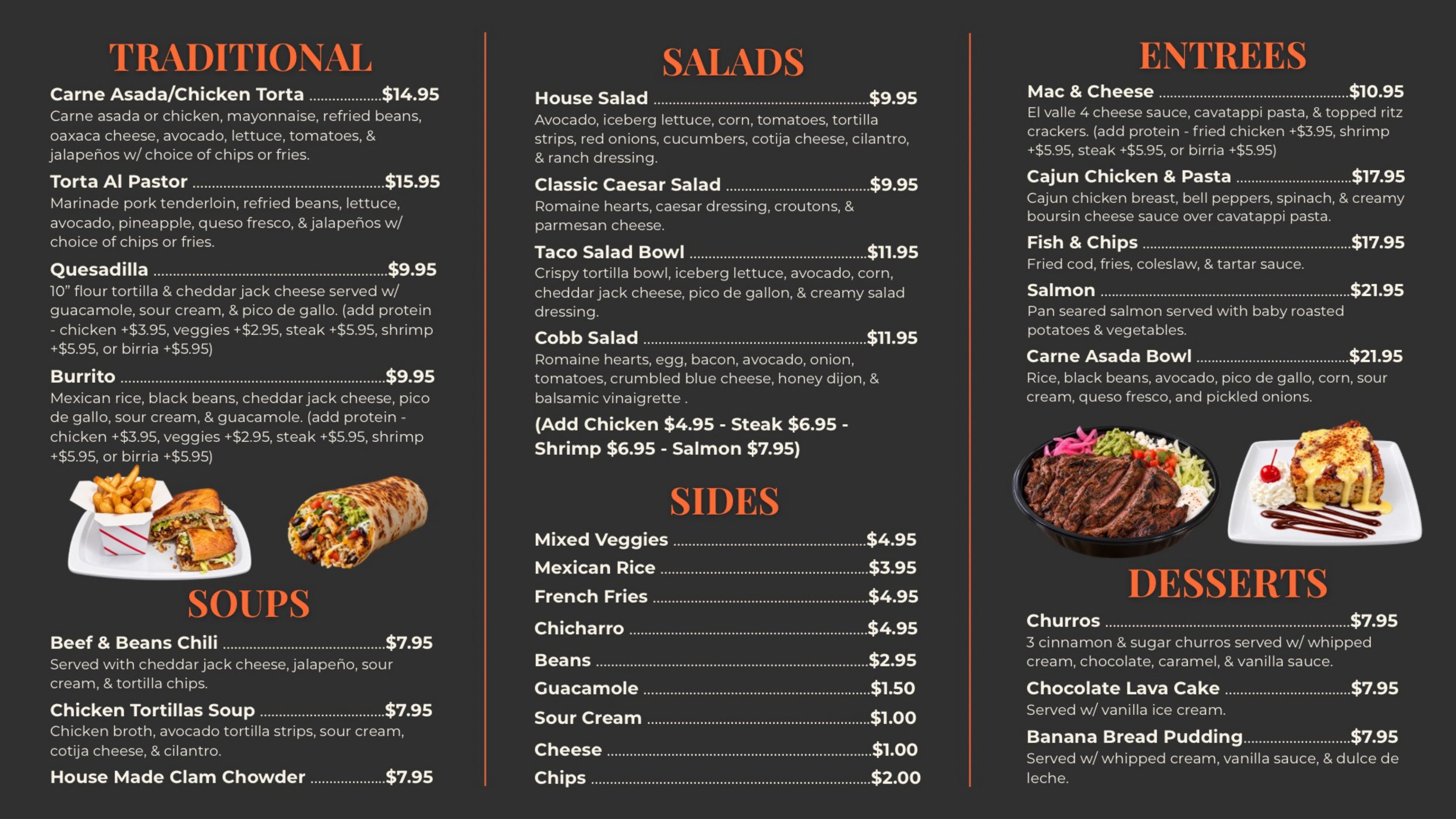 Restaurant menu displaying sections for Traditional, Salads, Soups, Sides, Entrees, and Desserts with food images, prices, and descriptions.