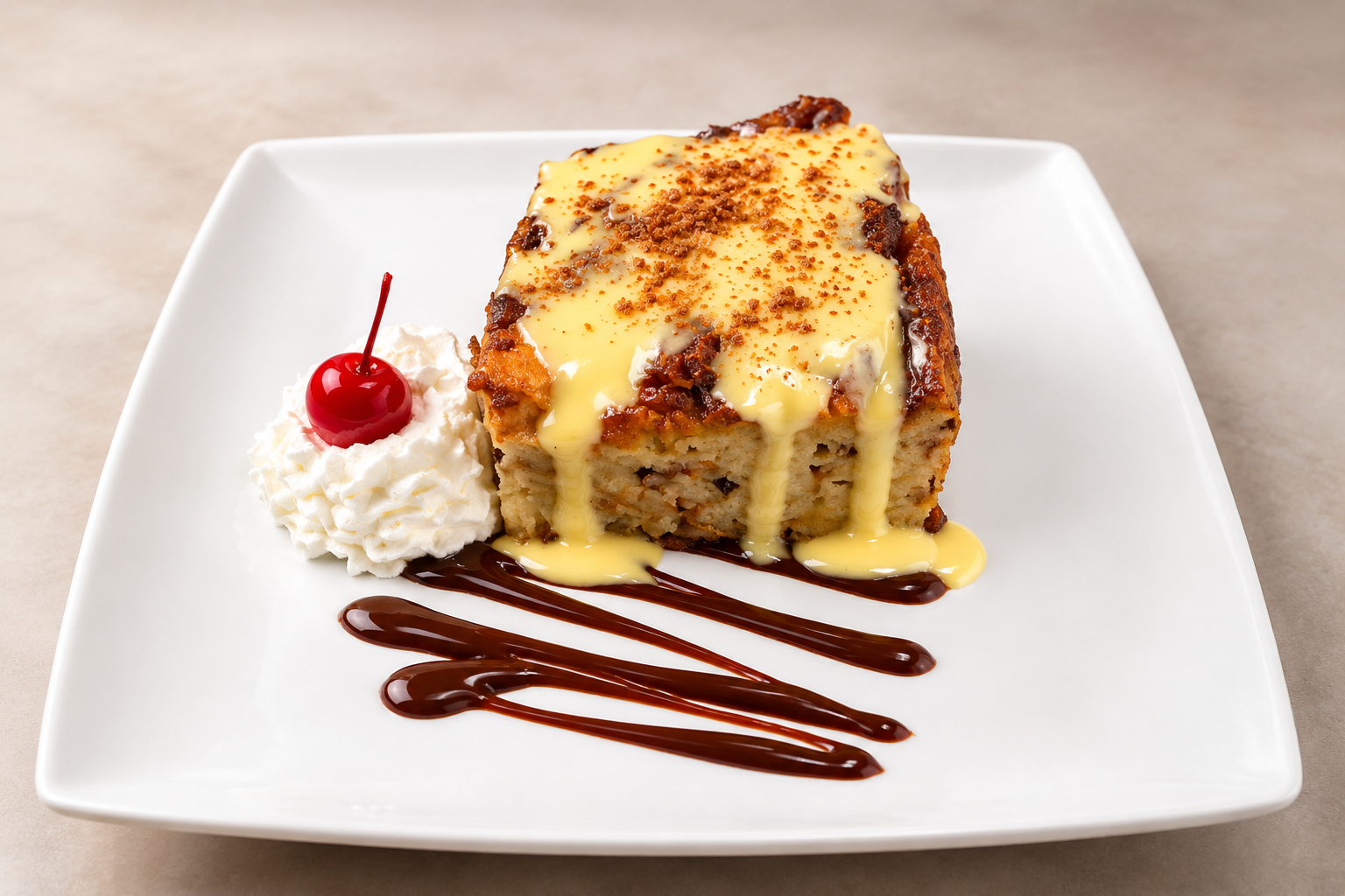 Slice of apple crumble cake topped with vanilla sauce, served with whipped cream and a cherry, garnished with chocolate and caramel sauces on a white square plate.