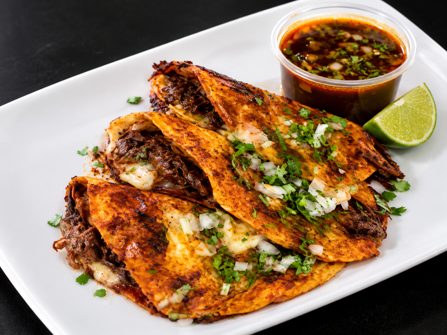 Plate of Mexican quesadillas with shredded beef, chopped onions, and cilantro, served with a side of dark dipping sauce and a lime wedge.