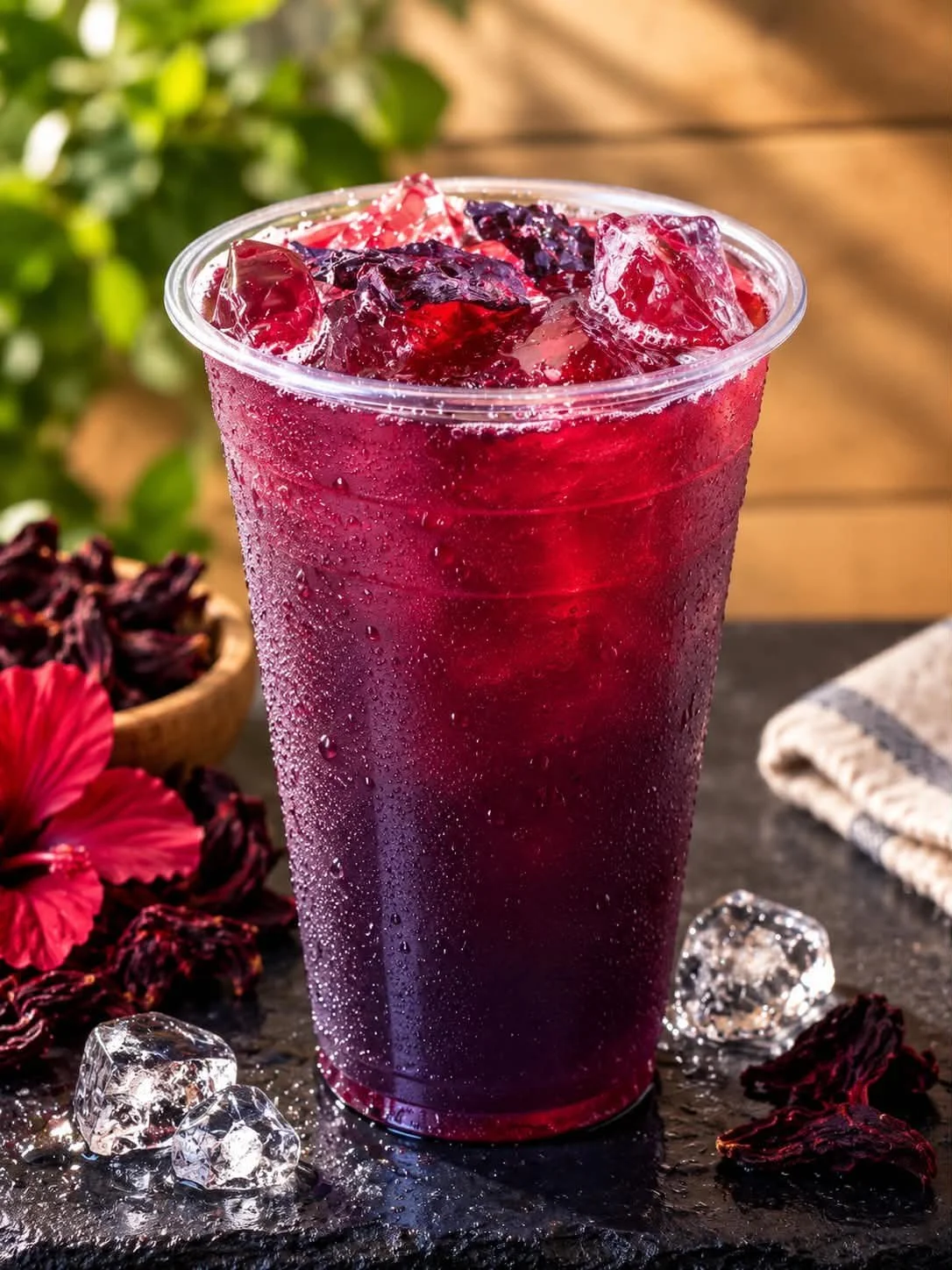 A clear plastic cup filled with iced red hibiscus drink, condensation on the outside of the cup, with ice cubes on top, placed on a dark slate surface with hibiscus flowers and ice cubes around it, and a wooden background.