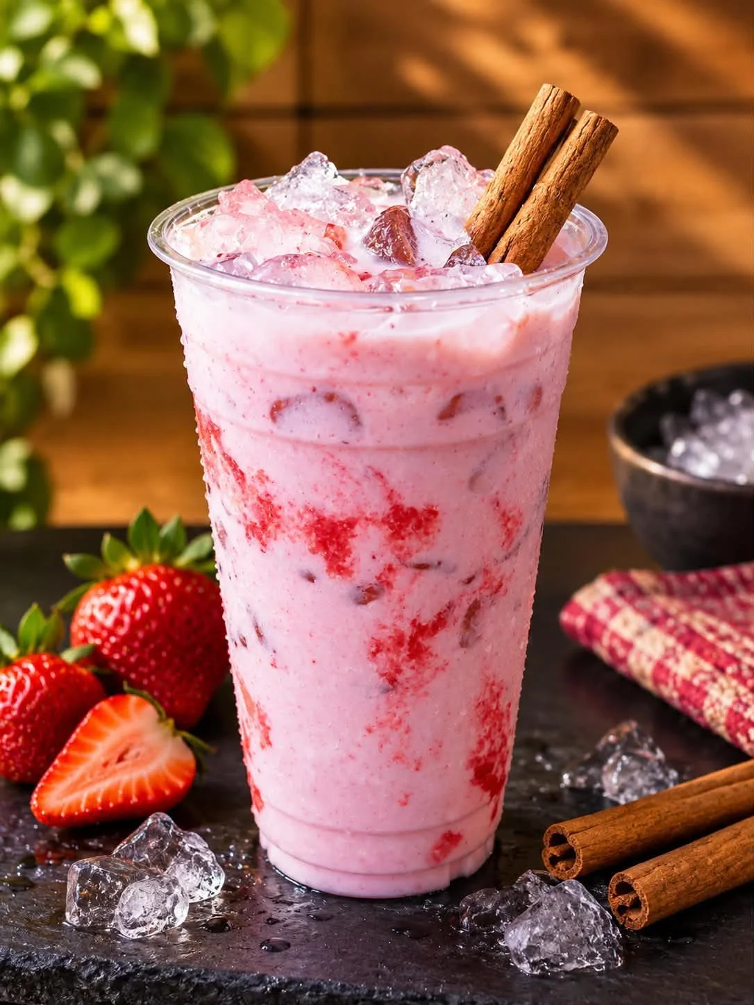 Strawberry flavored drink with ice and cinnamon stick garnished, surrounded by strawberries and ice on a black surface.