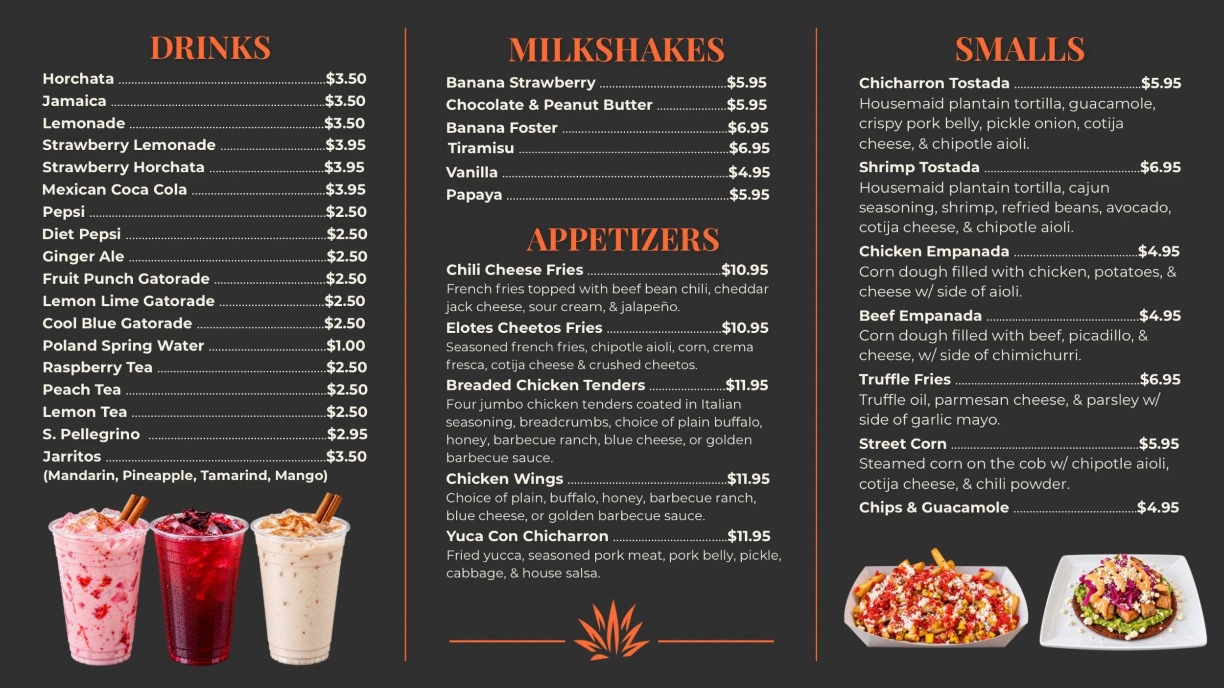 Menu featuring drinks, milkshakes, appetizers, and small plates with prices listed, along with images of three milkshakes in pink, red, and white cups at the bottom.
