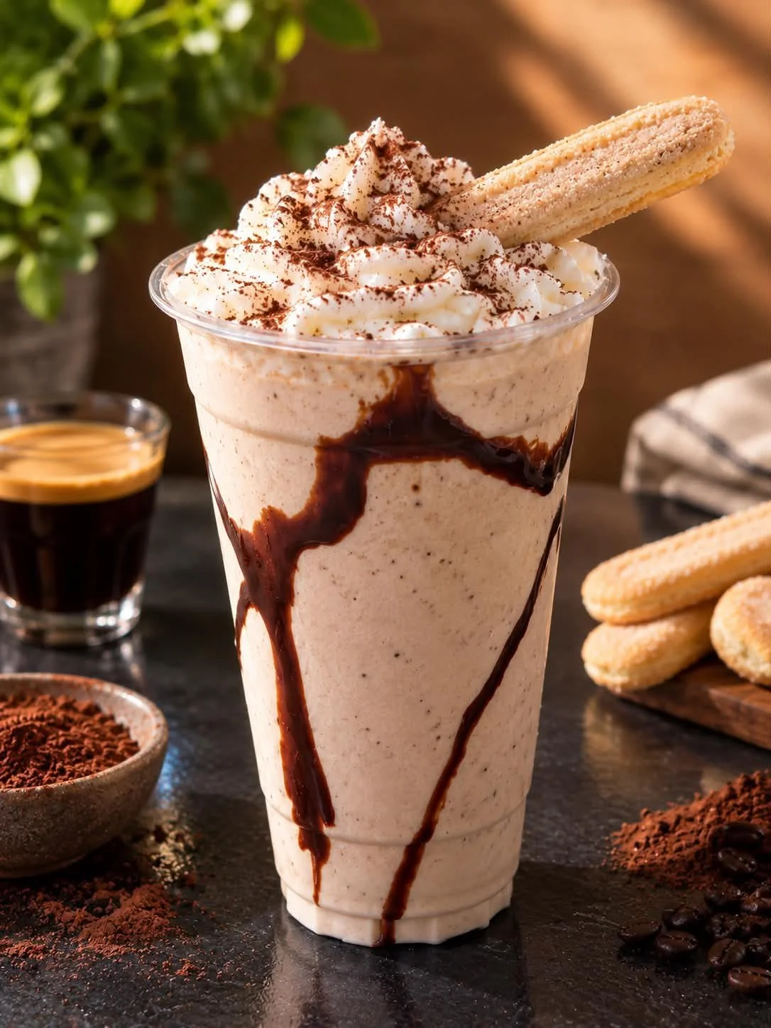 A tall glass of coffee-flavored milkshake topped with whipped cream, cocoa powder, and a cookie, with chocolate syrup drizzled on the outside.