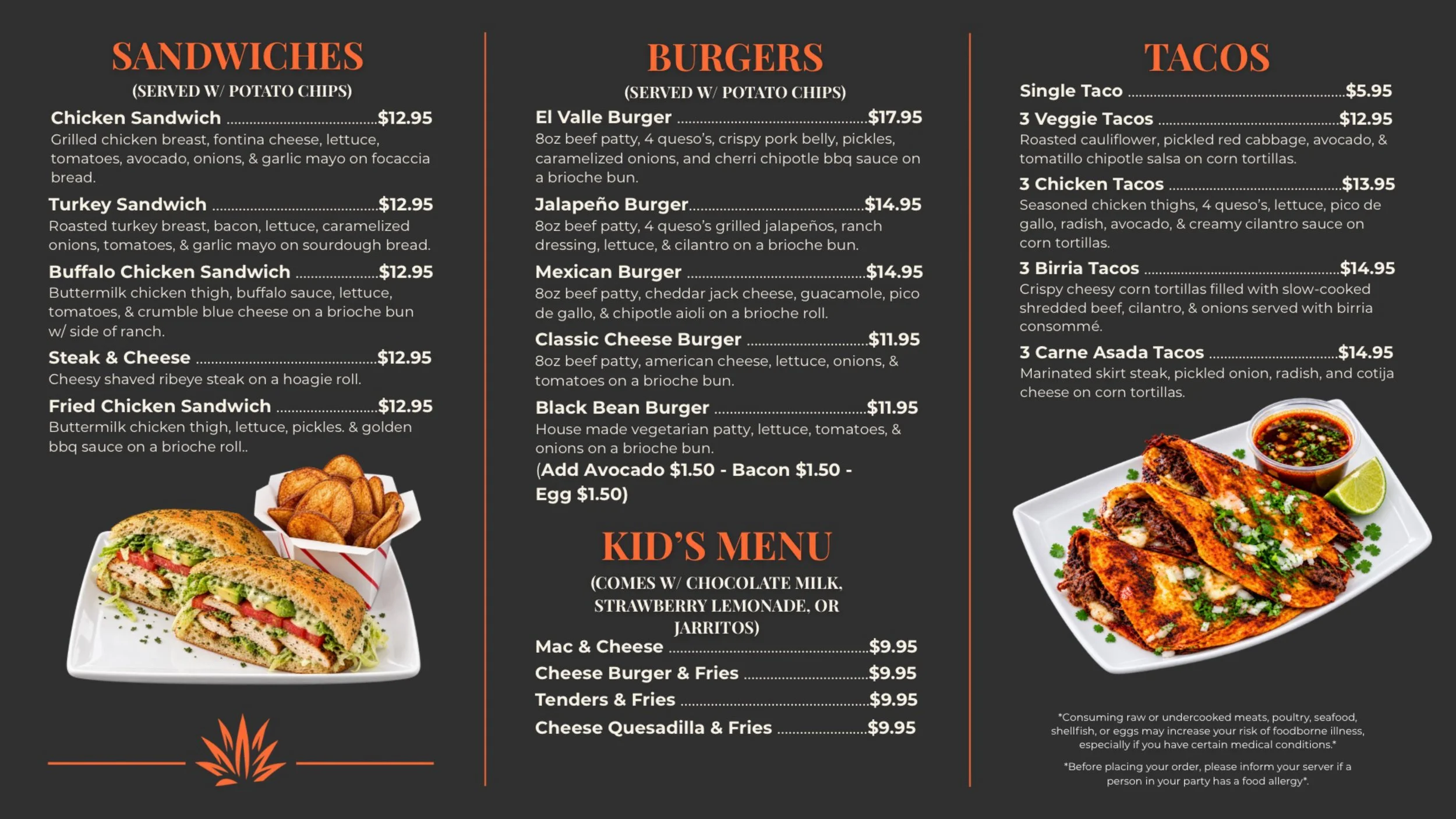 Restaurant menu with sections for sandwiches, burgers, and tacos, listing various food items and prices, with images of a sandwich with vegetables and a plate of tacos.