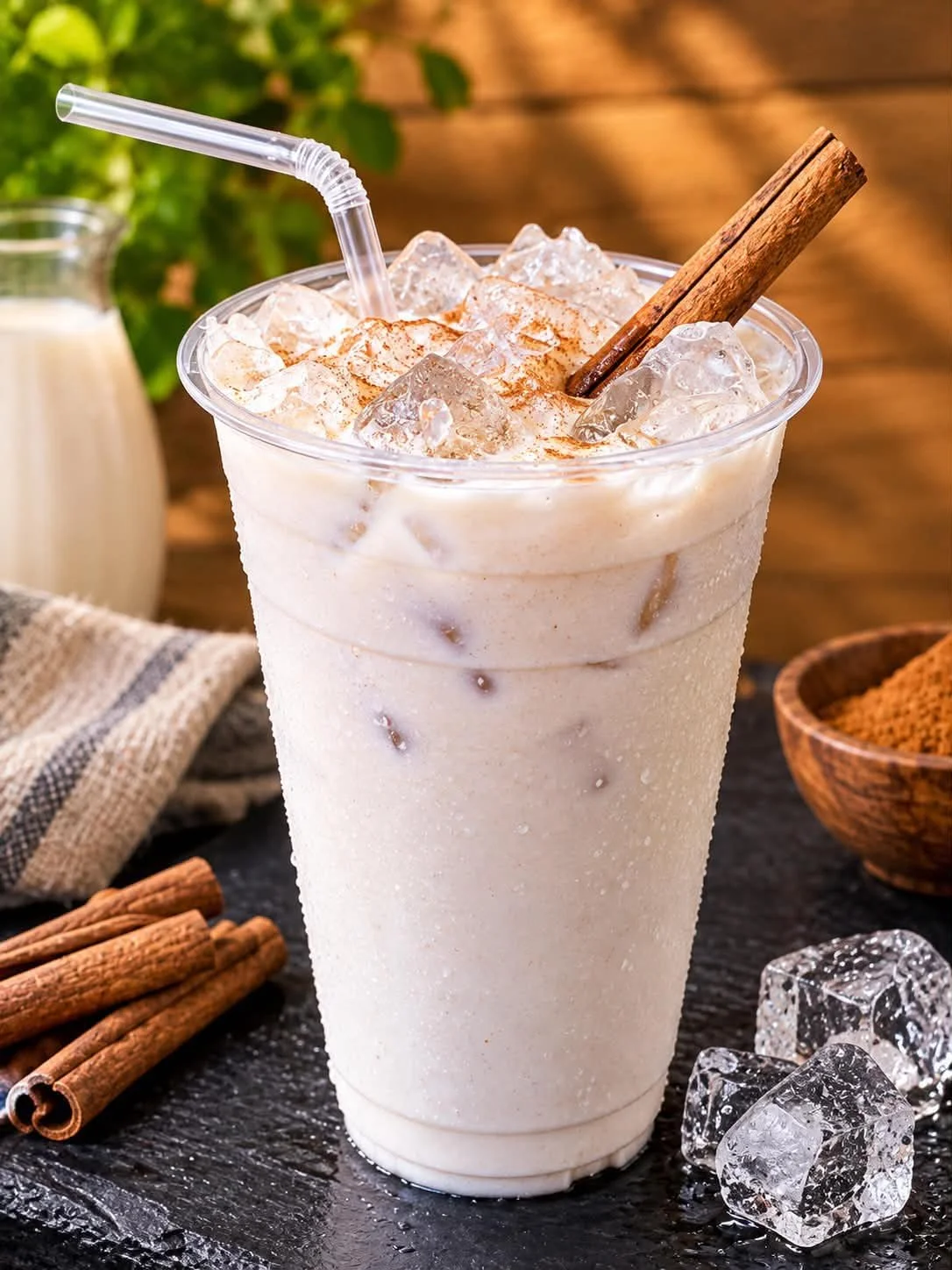 A plastic cup filled with iced horchata garnished with cinnamon stick and sprinkled cinnamon