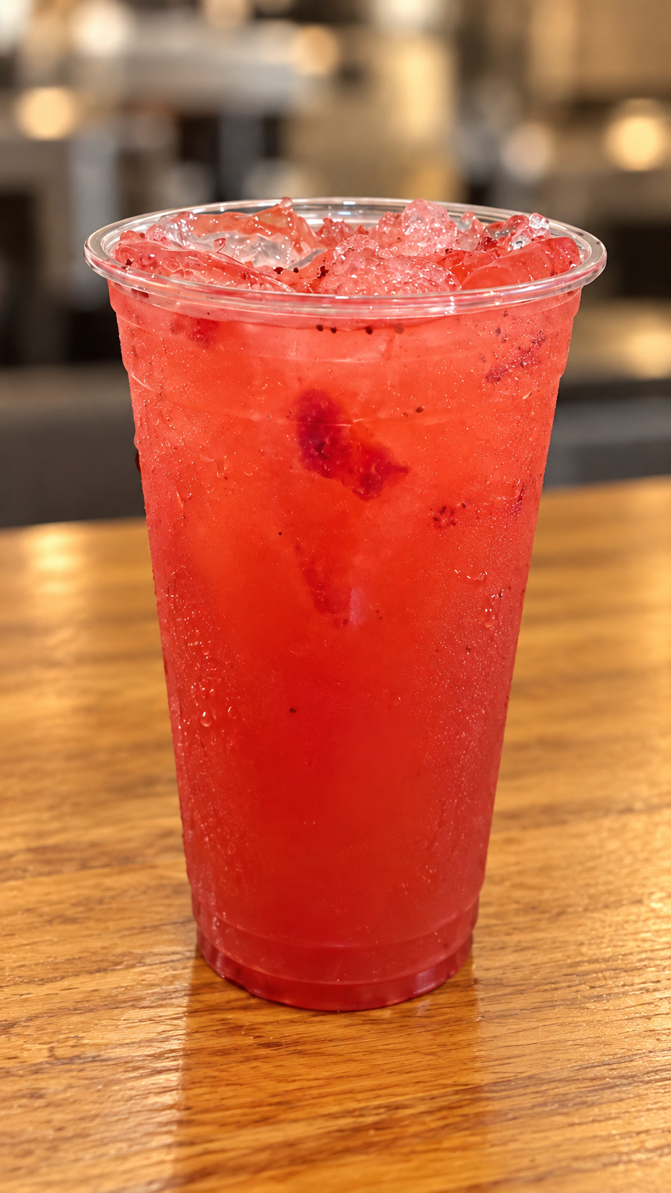 A clear plastic cup filled with a red, slushy beverage topped with crushed ice, placed on a wooden surface.