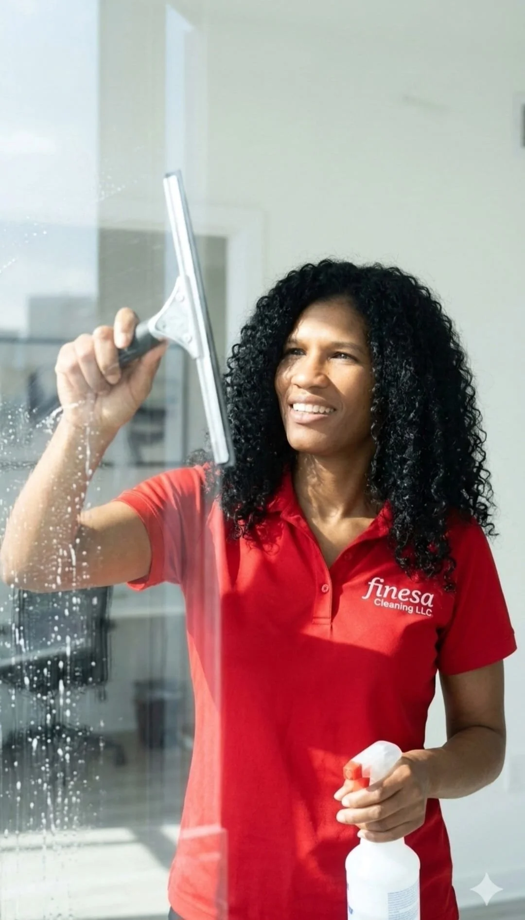 Professional cleaner in a red Finesa Cleaning LLC polo cleaning a glass window with a squeegee and spray bottle