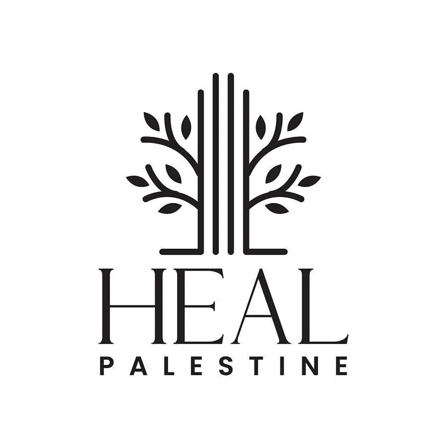 Logo with a stylized tree and the words 'Heal Palestine'