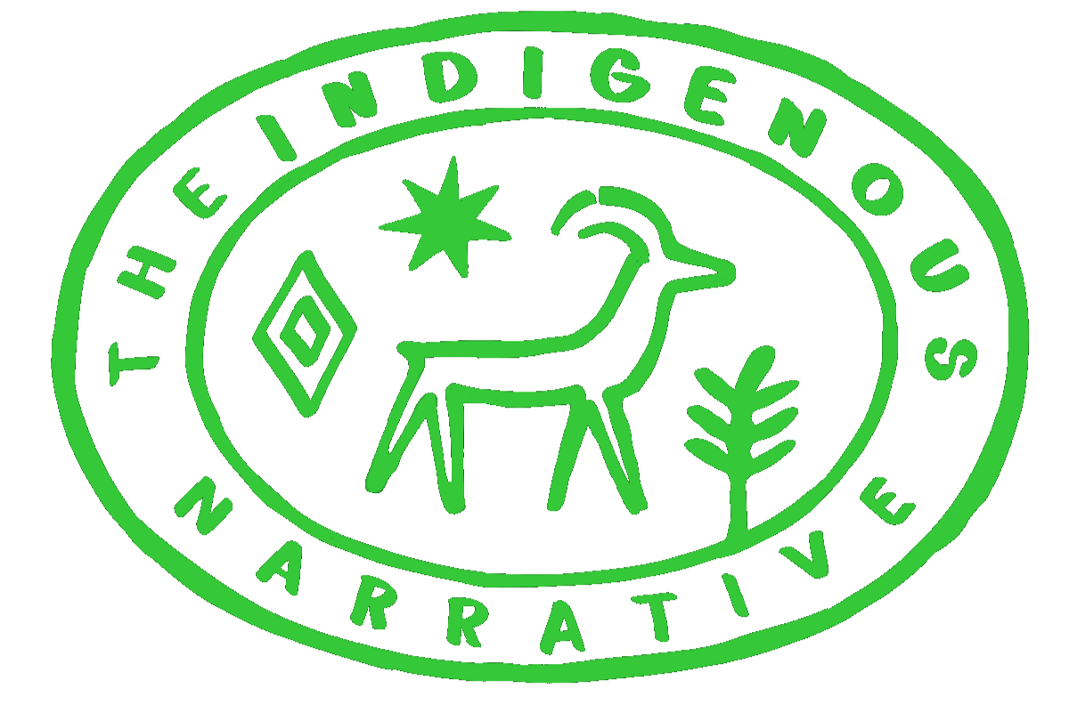 A green and black logo with the words "The Indigenous NARative" around a depiction of a stylized animal, a star, a diamond shape, and a plant.