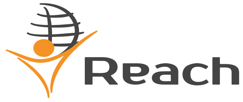 A logo featuring an abstract person reaching up towards a globe, with the word 'Reach' next to it.
