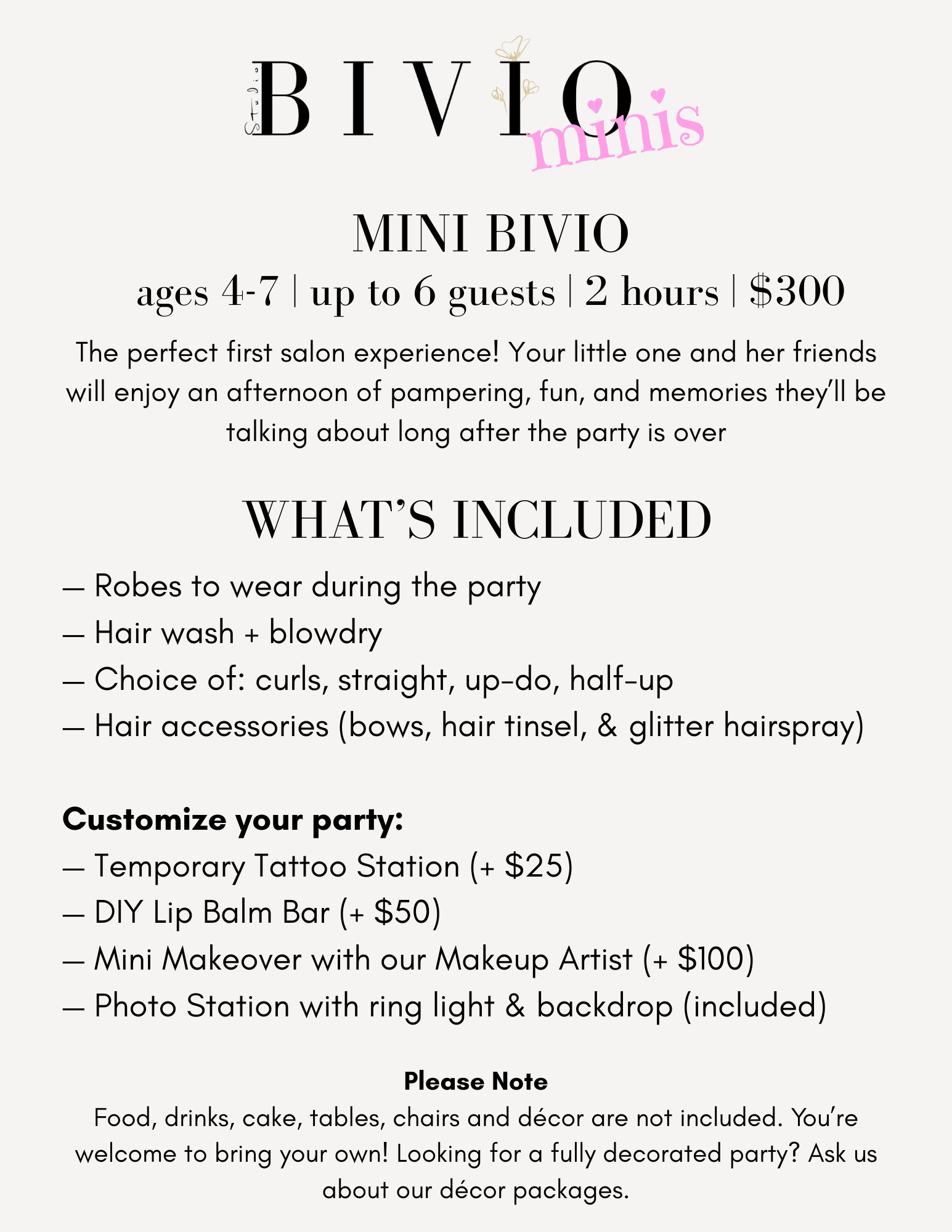 BIVIO Minis mini salon party package flyer for ages 4–7, featuring hairstyling services, party inclusions, customization options, and $300 pricing.