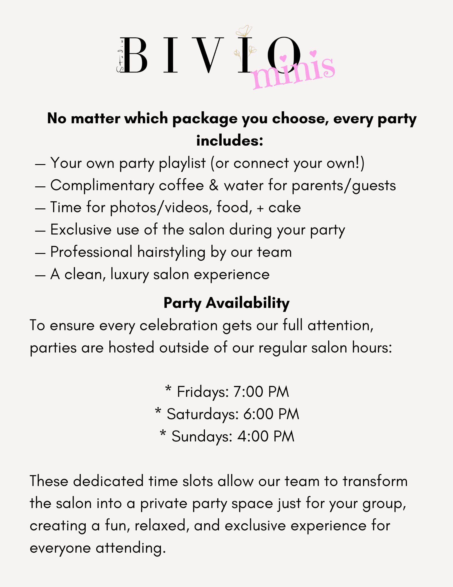 BIVI minis salon party package flyer listing included amenities, professional hairstyling, and private party availability times.