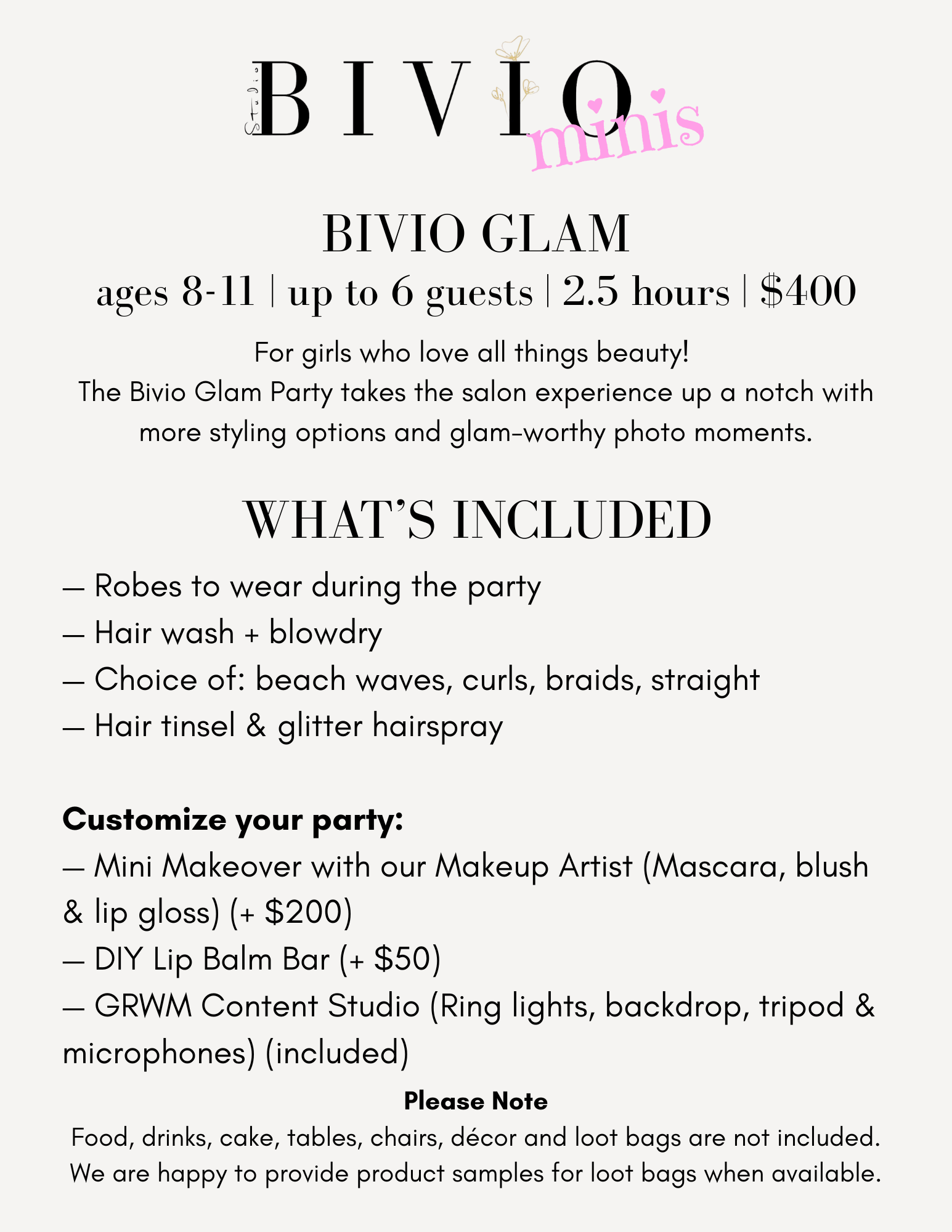 Bivio Minis Glam Party package flyer for ages 8–11, featuring salon hairstyling, robes, hair tinsel, makeup add-ons, and content studio details.