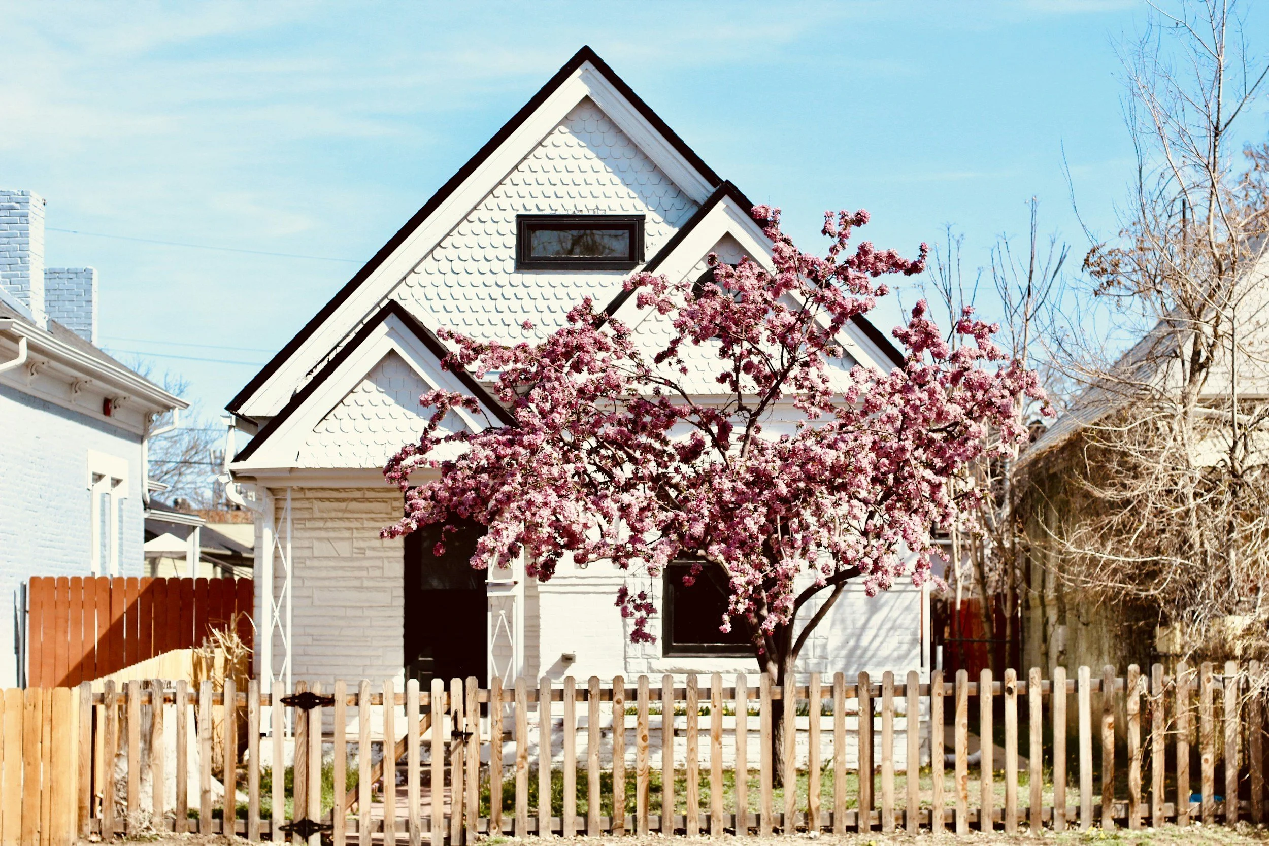 White cottage-style home with a picket fence and a blooming tree, Baker neighborhood guide for Denver first-time home buyers