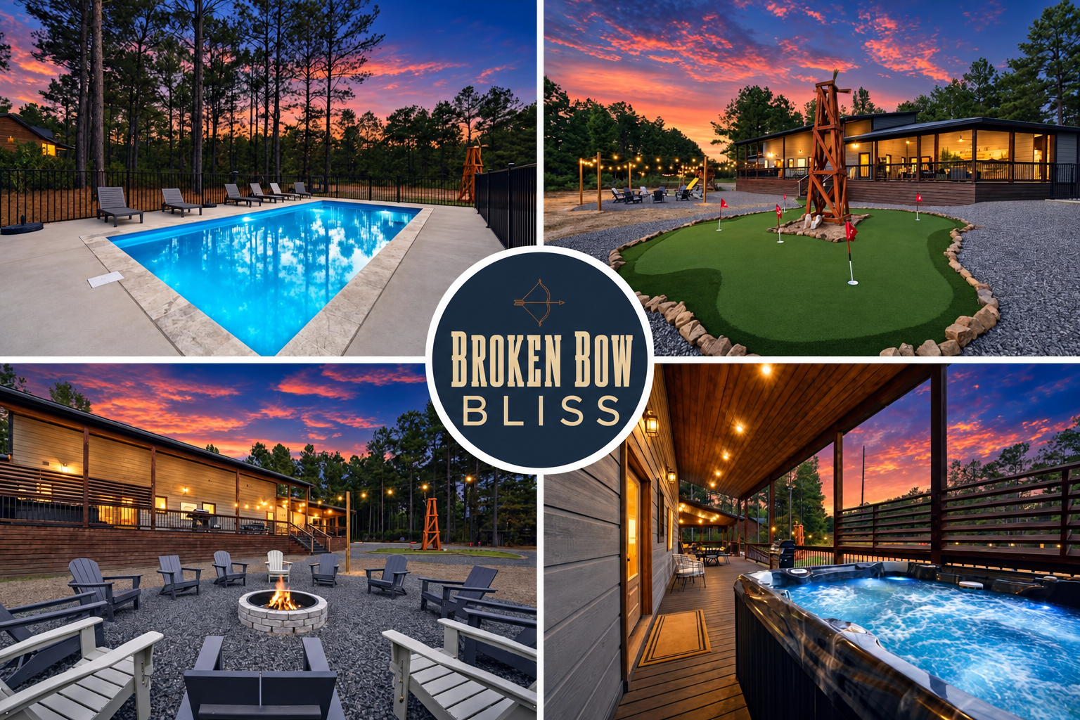 Various outdoor amenities at sunset including a swimming pool, a mini golf course, a fire pit surrounded by chairs, and a hot tub on a deck, with a building and trees in the background.