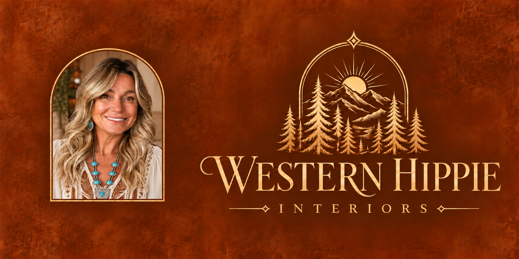Logos for Western Hippie Interiors with a mountain and sunrise graphic, and a portrait of a smiling woman with blonde hair, wearing turquoise jewelry, on a textured brown background.
