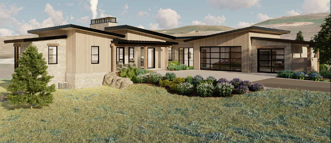 A modern single-story house with stone and wood exterior, large garage doors, and a landscaped front yard with bushes, flowers, and a small tree.