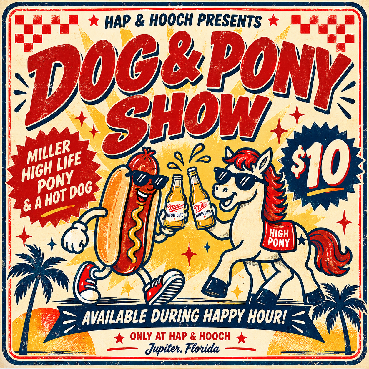 A colorful vintage-style poster advertising a dog and pony show presented by Hap & Hooch in Jupiter, Florida, featuring characters of a hot dog and a high-spirited pony wearing sunglasses, holding Miller High Life beer bottles, with the event price of $10 during happy hour.