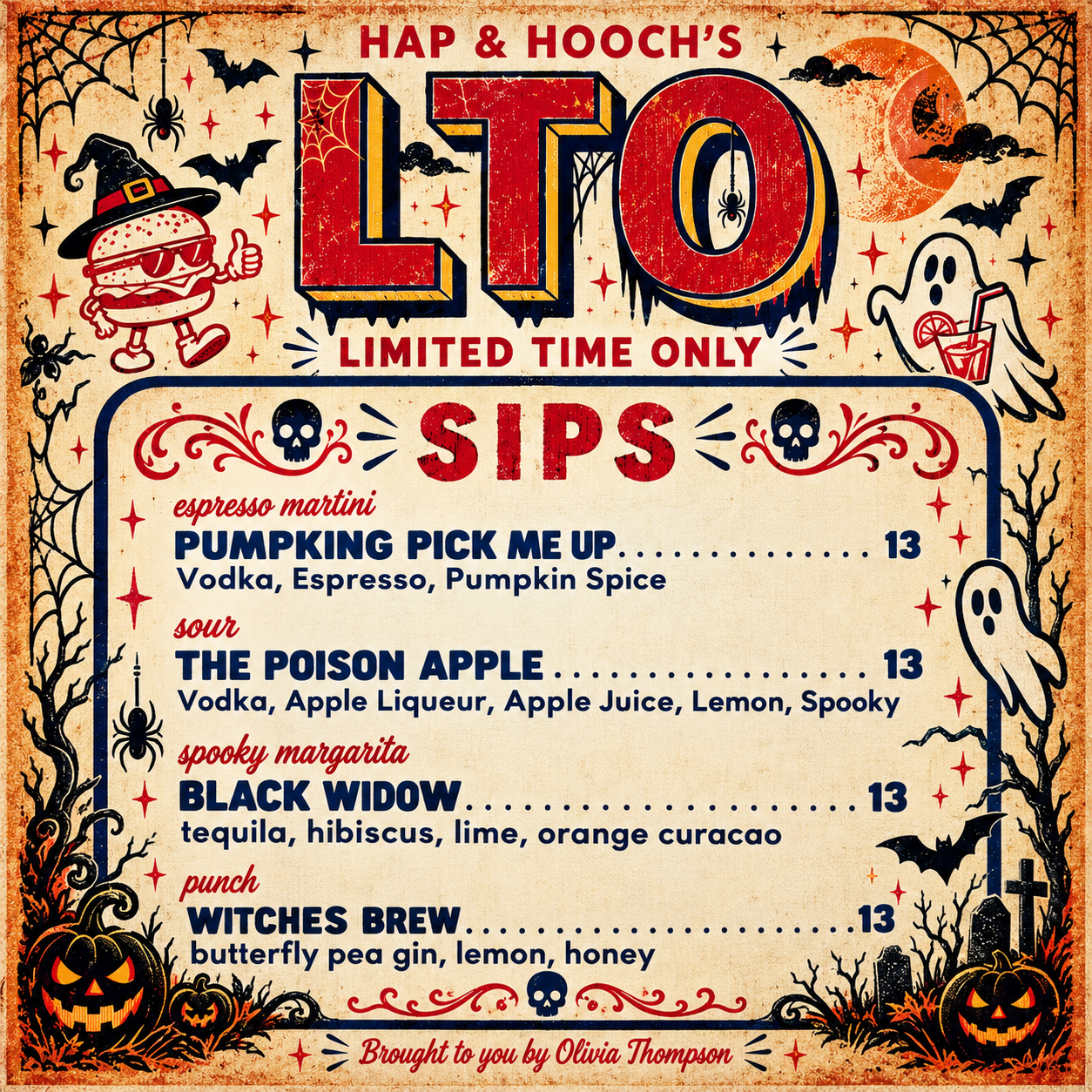 Halloween-themed beverage menu titled "LTO" featuring four drinks with names and ingredients, decorated with ghosts, bats, spiders, pumpkins, and spooky graphics.
