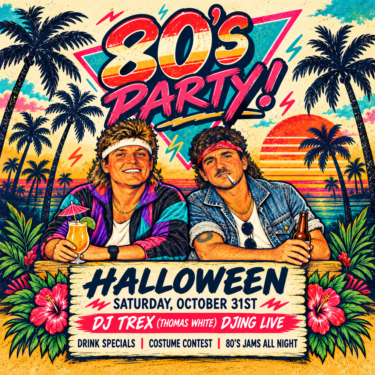 Colorful 1980s-themed Halloween party poster featuring two men dressed in 80s style clothing with palm trees and a sunset in the background. The poster promotes an 80s party for Halloween on October 31st with music, drink specials, costume contest, and 80s jams all night.