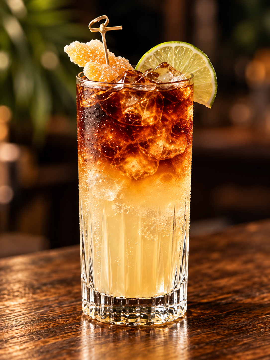 A tall glass of cola with ice, garnished with a lime wedge and candied ginger, on a wooden surface.
