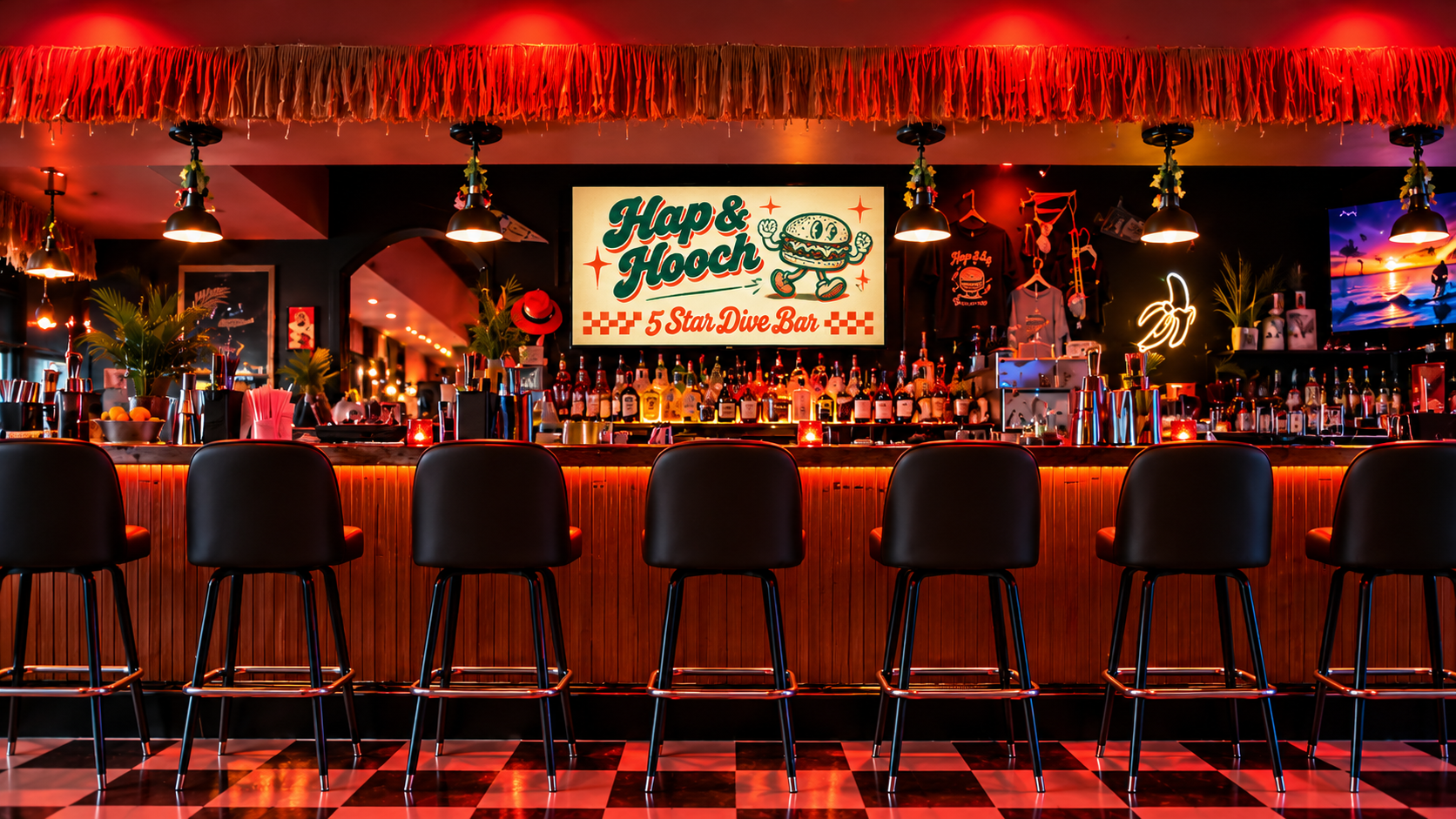 A bar with a neon sign that reads 'Hap & Hooch' and '5 Star Dive Bar'. The bar has a variety of liquor bottles, bar tools, and decorations, with black chairs lined up in front. The atmosphere is vibrant with warm lighting and tropical decor.