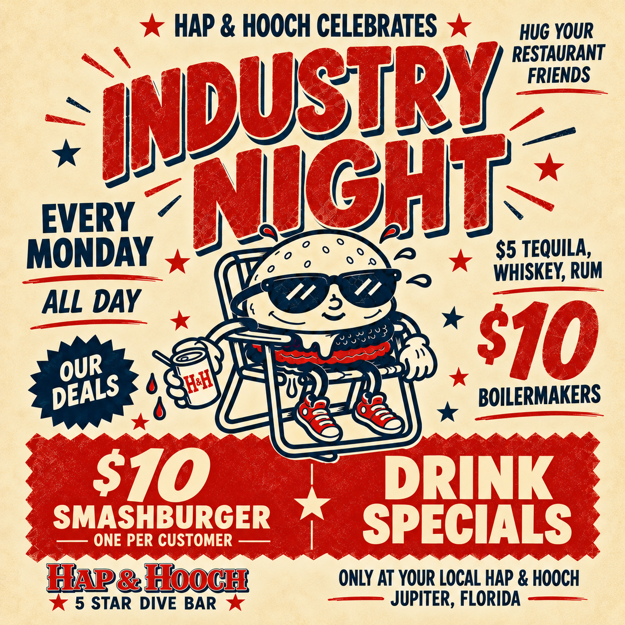 A promotional poster for industry night at Hap & Hooch in Jupiter, Florida, featuring a cartoon hamburger mascot with sunglasses sitting in a chair, holding a drink, advertising dollar deals on smashburgers, drinks, and specials every Monday all day.