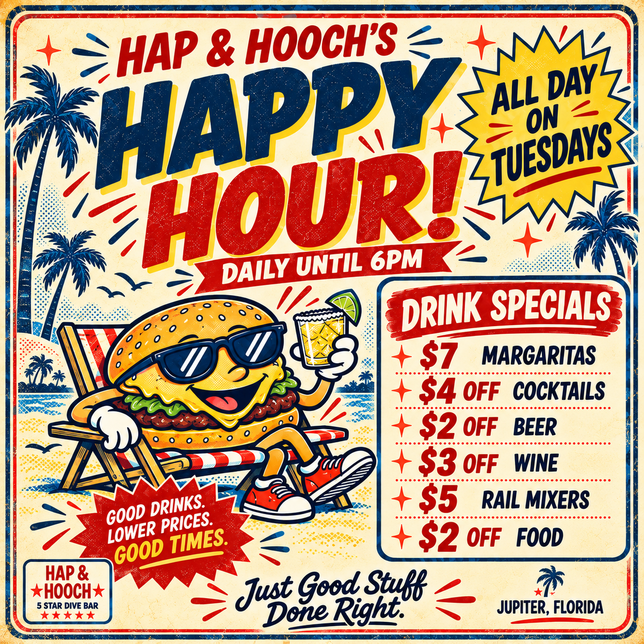 A vibrant sign for Hap & Hooch's Happy Hour at a beachside location in Jupiter, Florida, featuring a cartoon hamburger wearing sunglasses, relaxing on a deck chair, holding a drink, with palm trees and a sunset background. Offers daily happy hour until 6 PM with drink specials including margaritas, cocktails, beer, wine, rail mixers, and food discounts.