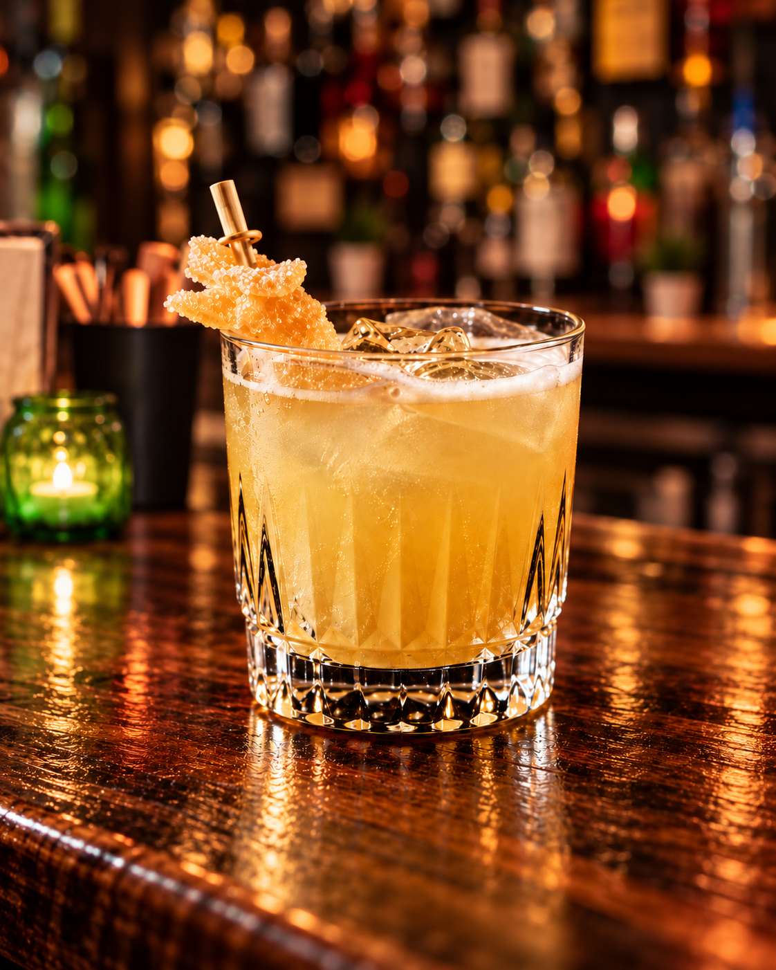 A glass of whiskey cocktail garnished with a piece of fried chicken and a straw, on a wooden bar counter with a blurry bar background.