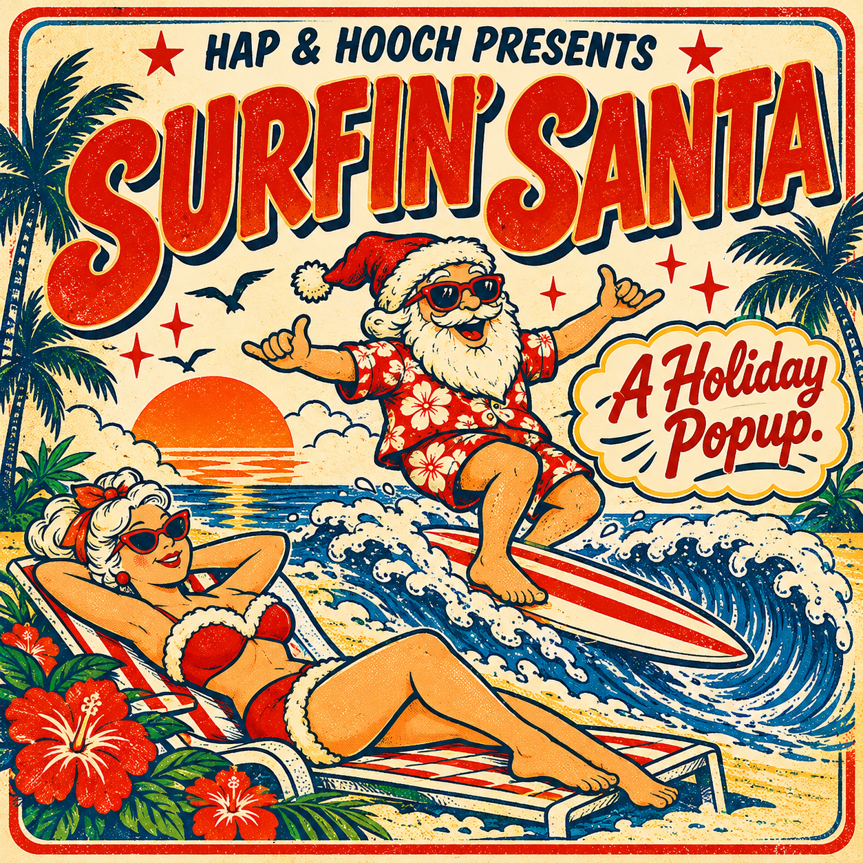Vintage-style holiday poster with a surfing Santa in a Hawaiian shirt and sunglasses riding a wave, a woman sunbathing in a bikini with sunglasses, tropical plants, and a sunset ocean background. Text reads 'Hap & Hooch Presents Surfin' Santa, A Holiday Popup.'