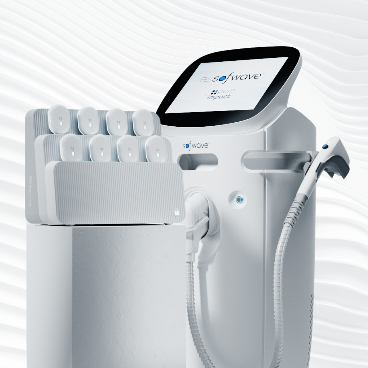 Sofwave medical aesthetic treatment system with touchscreen, applicator handpiece, and treatment cartridges