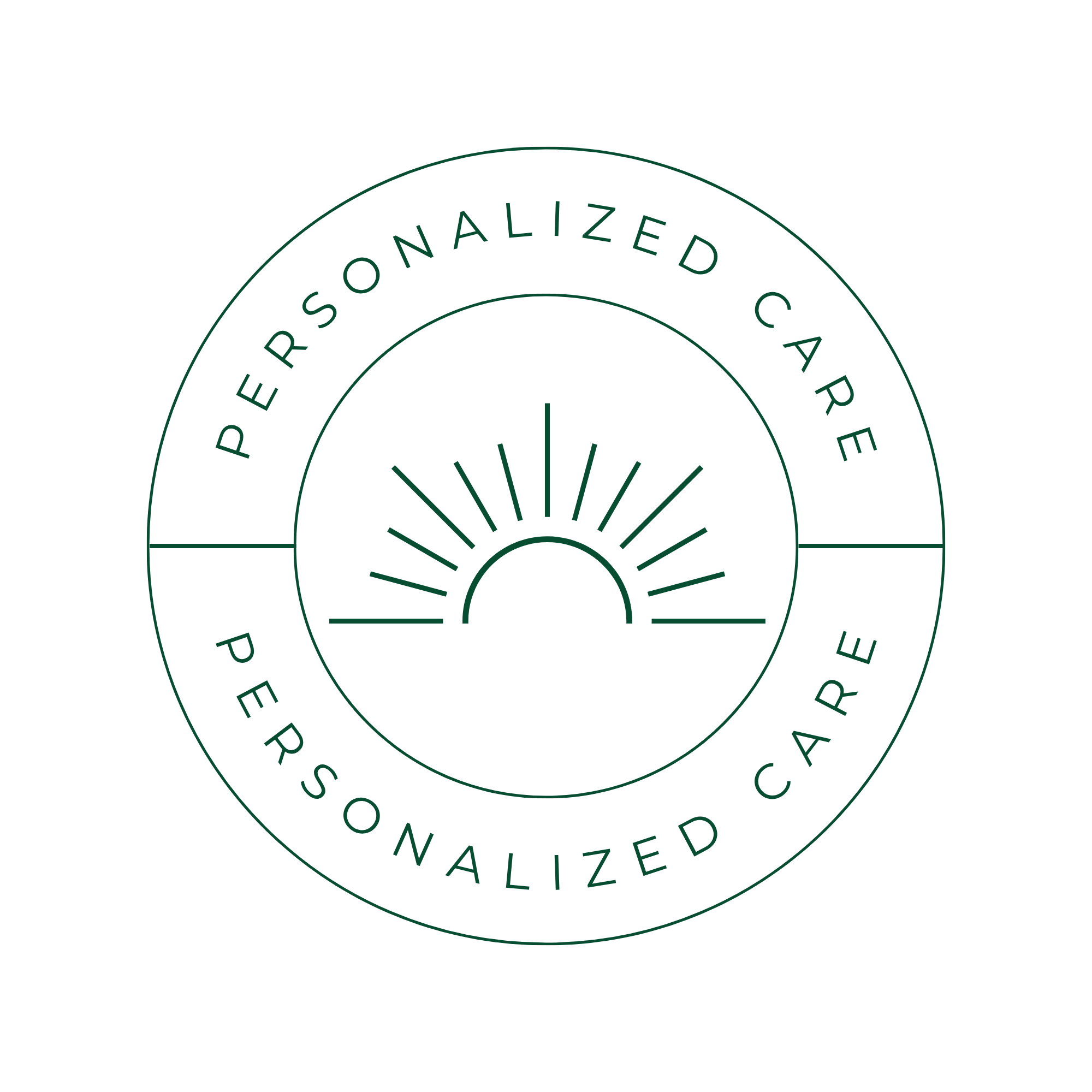 Circular black-and-green emblem featuring a sunrise over a horizon, with the words “PERSONALIZED CARE” around the border.