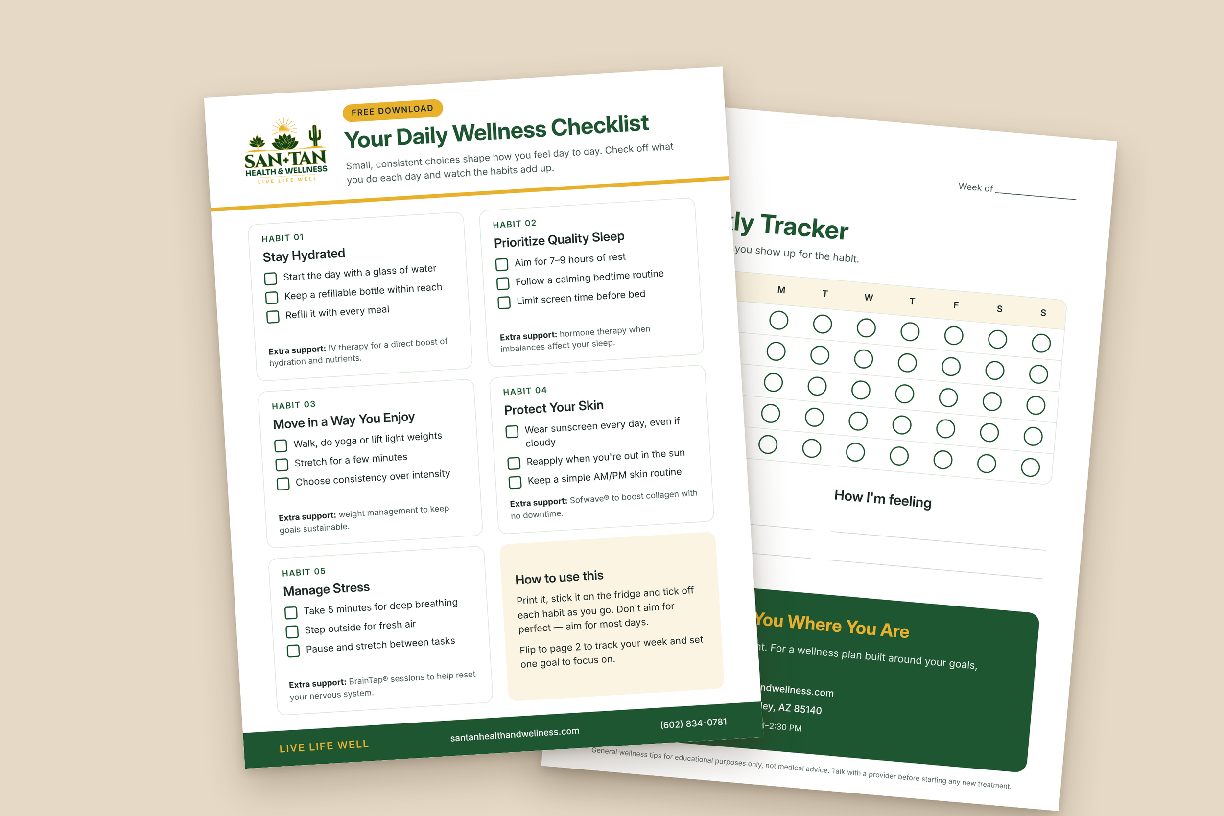San Tan Health & Wellness daily wellness checklist and weekly habit tracker printable