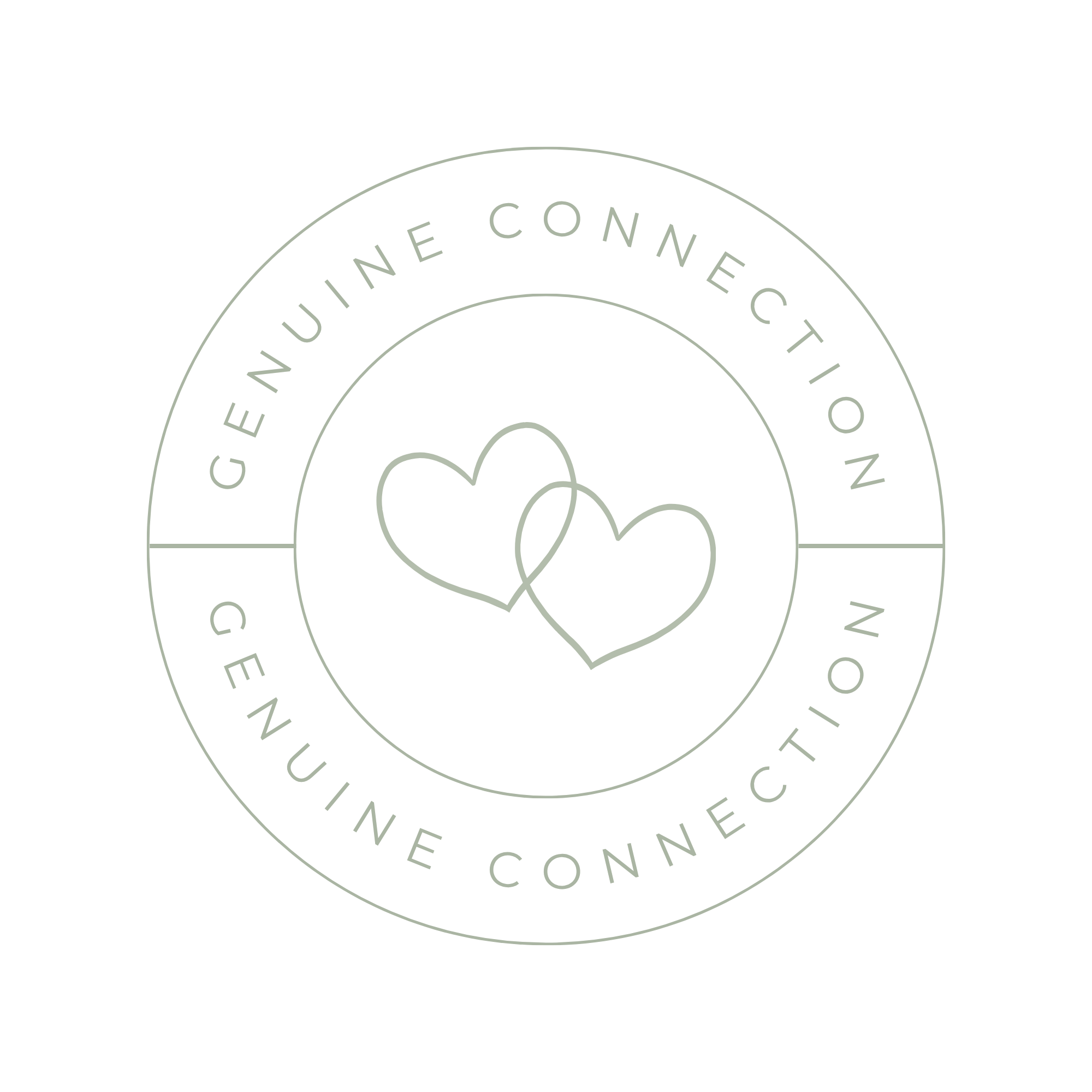 Circular emblem with two interlocking hearts and the words “Genuine Connection” repeated around the border