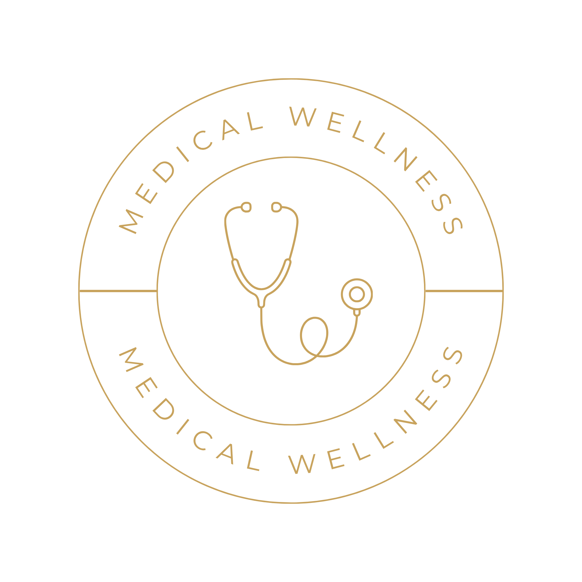 Gold line-art stethoscope inside a circular emblem reading “MEDICAL WELLNESS” on a black background