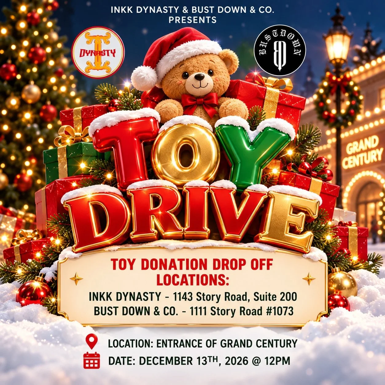 From now until December we will be collecting new, unwrapped toys for those in need within our community! 🎁✨ Join us in spreading love, giving back and making this holiday season extra special for everyone! 
📅 GIVEAWAY: DECEMBER 13, 2026 12PM @ Gra
