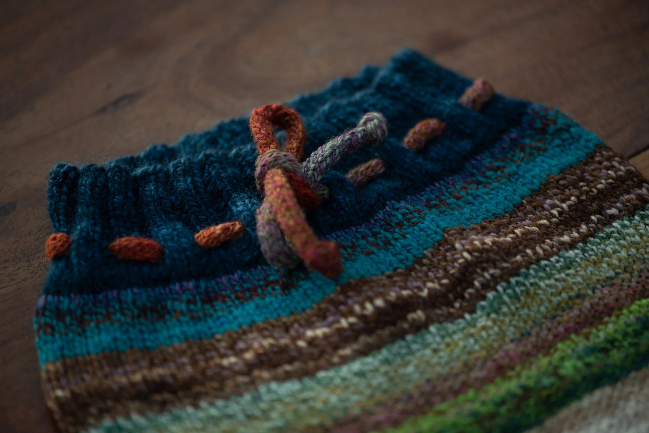 Close view of the dark teal ribbed waistband and colorful i-cord drawstring on the Best Pants.
