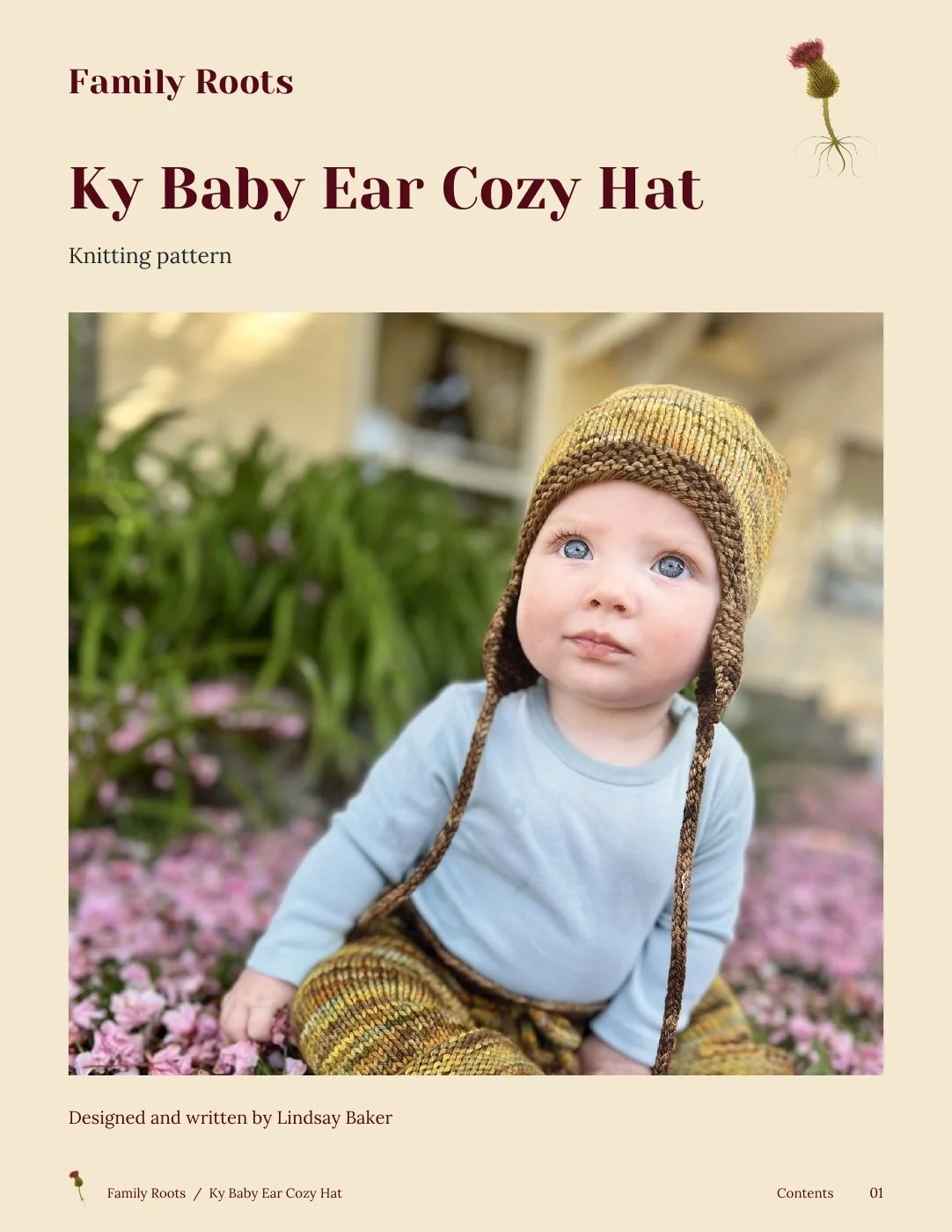 Family Roots Ky Baby Ear Cozy Hat pattern cover with a baby wearing a gold and brown hat among pink petals.