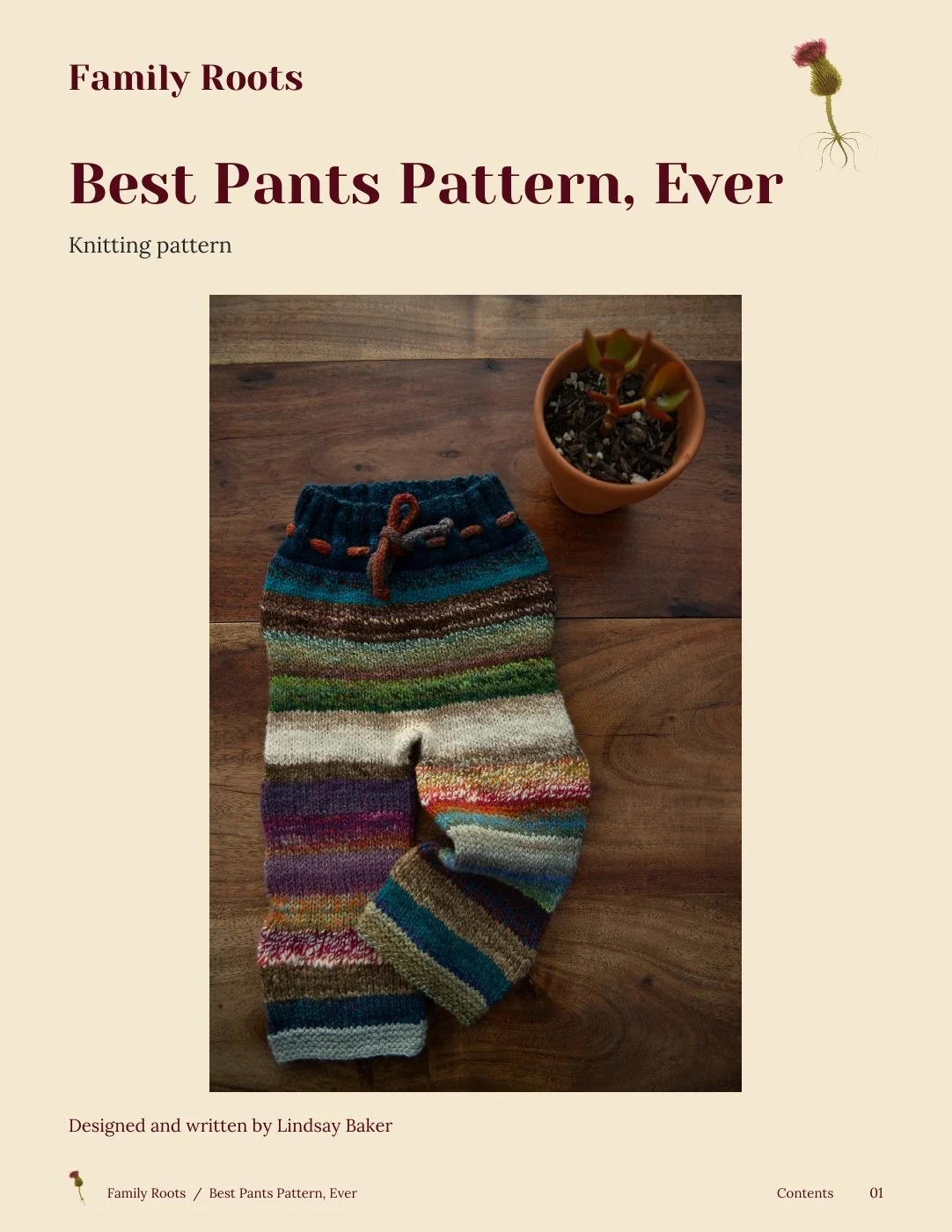 Family Roots Best Pants pattern cover featuring striped knitted baby pants with a drawstring waist.