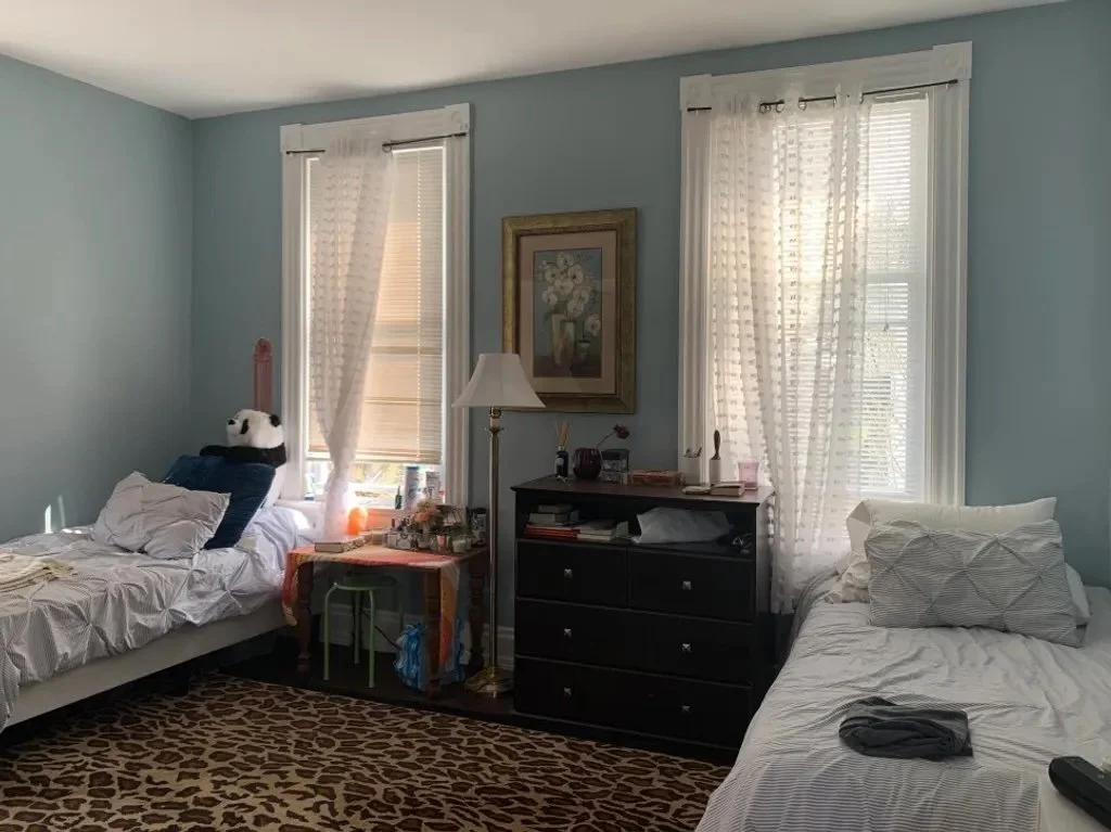 A bedroom with two windows with white curtains, a black dresser, a painting on the wall, and two beds. One bed has a panda plush toy and the other has a folded gray shirt. A rug with a animal print pattern covers part of the floor.