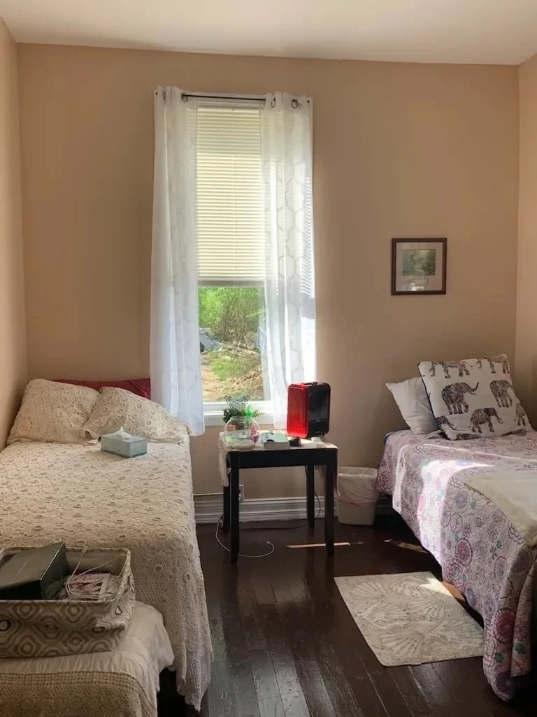 A cozy bedroom with two beds, a window with white curtains, a small table with a red speaker and plants, and a lamp, with hardwood floors and framed picture on the wall.