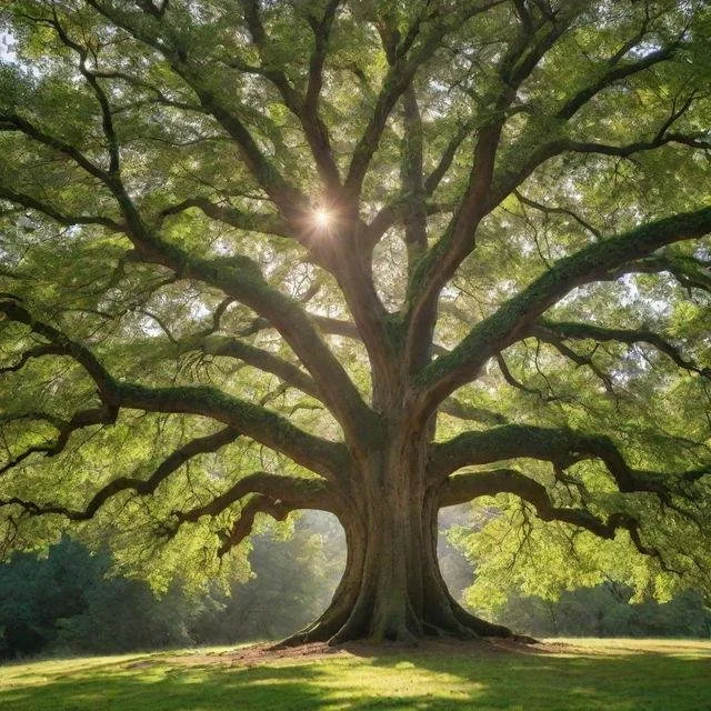 A large, ancient tree with a wide trunk and sprawling branches, illuminated by sunlight filtering through green leaves in a park or open field.