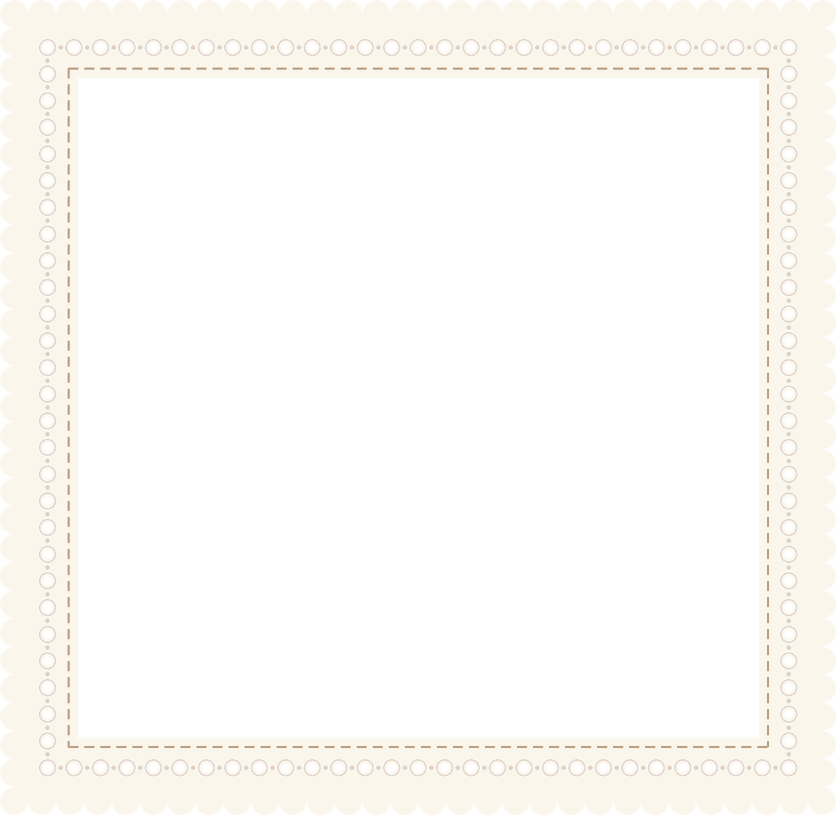 A black square with a decorative cream-colored border featuring scalloped edges and small eyelet details.