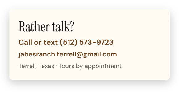 Business card for Jabes Ranch with contact information in Terrell, Texas, featuring the phrase 'Rather talk?' and details for call or text, email, and tours by appointment.
