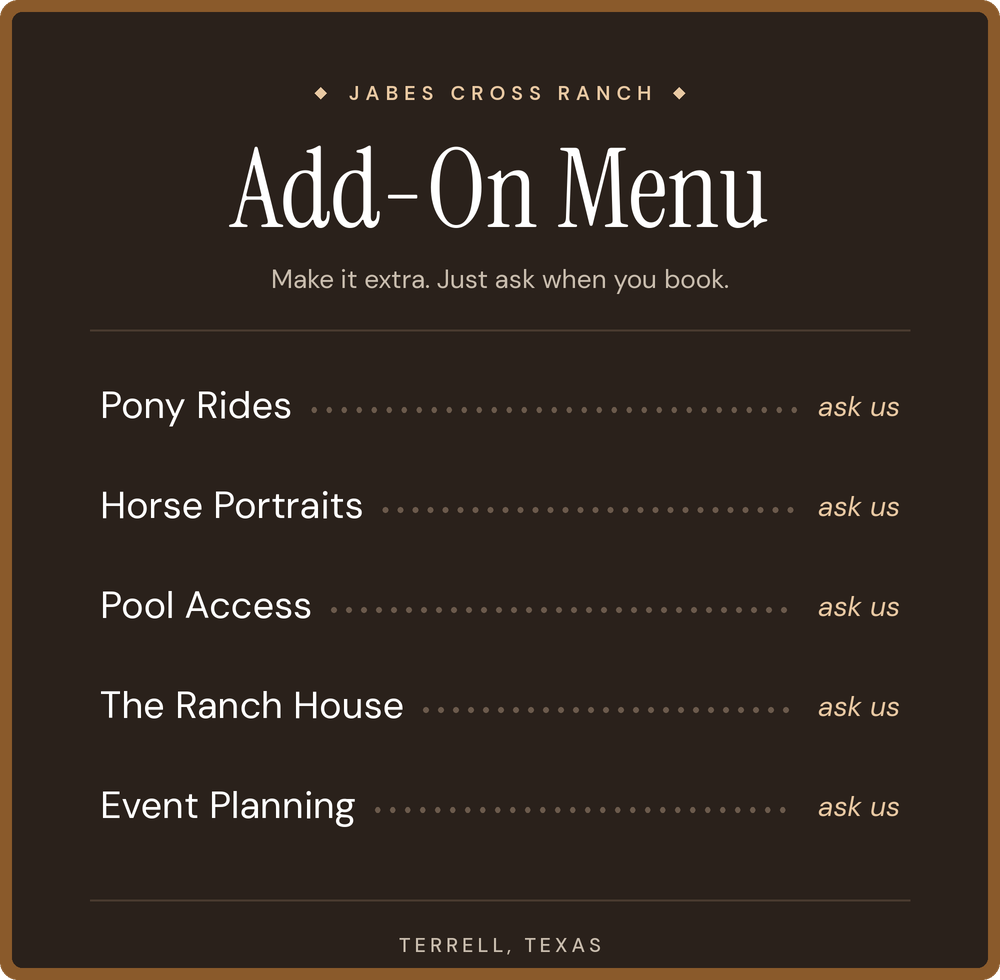 Menu for Jabes Cross Ranch in Terrell, Texas listing add-on options including Pony Rides, Horse Portraits, Pool Access, The Ranch House, and Event Planning, all with 'ask us' notes.