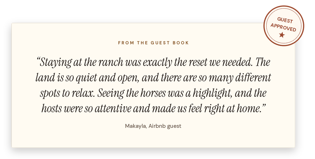 Guest approved stamp in the top right corner, guest review from Airbnb inside a beige box with a quote about relaxing at a ranch, attributed to Makayla.