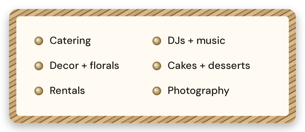 A sign listing services such as catering, decor and florals, rentals, DJs and music, cakes and desserts, and photography.