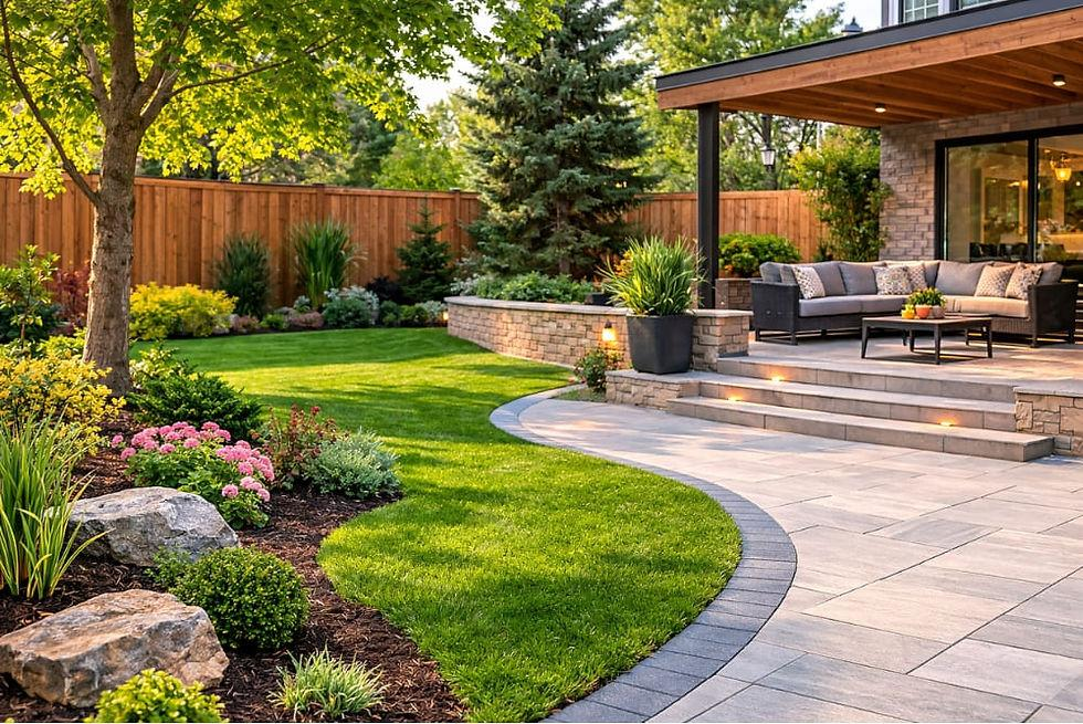 A landscaped backyard with a stone patio, green lawn, trees, bushes, and a wooden fence. There is a sitting area with outdoor furniture on the patio.