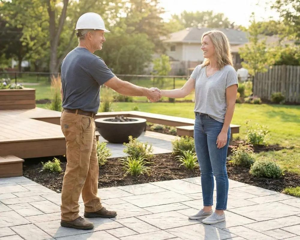 A man in construction attire shaking hands with a woman outdoors in a backyard with garden and patio.