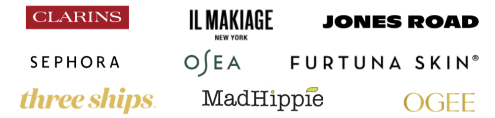 beauty and skincare brand logos, including Clarins, IL Makiage, Jones Road, Sephora, OSEA, Furtuna Skin, Three Ships, Mad Hippie, and Ogee.